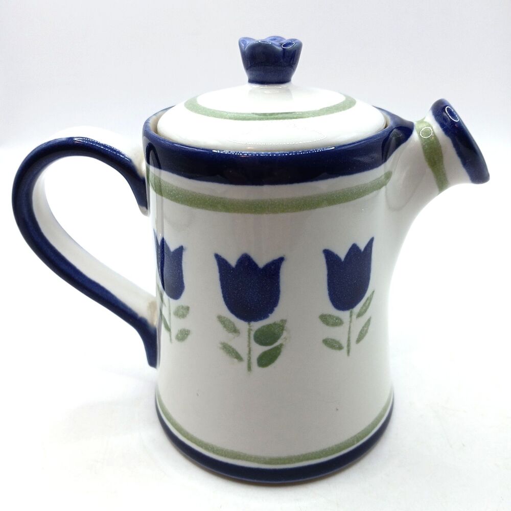 Mann Imports Japan Blue Tulip Creamer Pitcher w/ Lid White Blue Green Ceramic